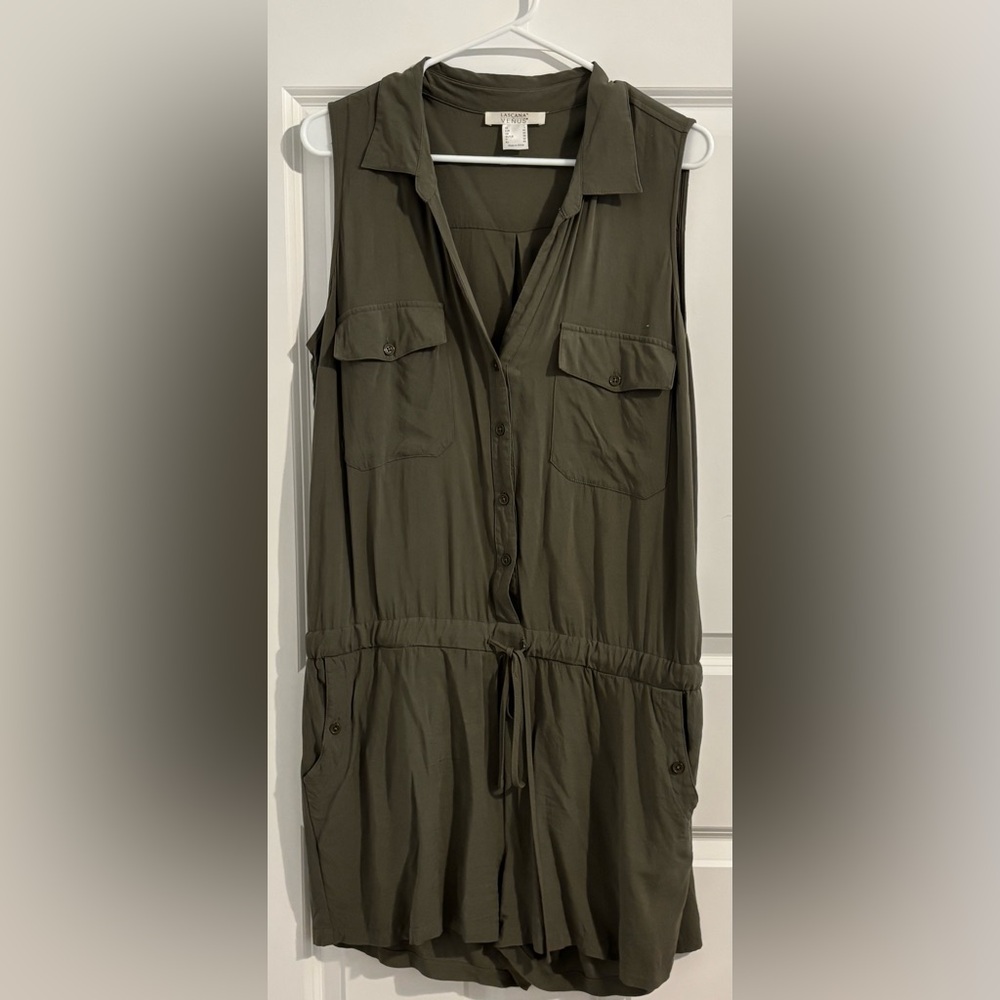 Olive Green Sleeveless romper sz L ,button drawstring waist tie.  Smoke free.